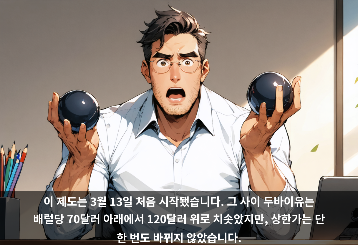 이 제도는 3월 13일 처음 시작됐습니다. 그 사이 두바이유는 배럴당 70달러 아래에서 120달러 위로 치솟았지만, 상한가는 단 한 번도 바뀌지 않았습니다.
