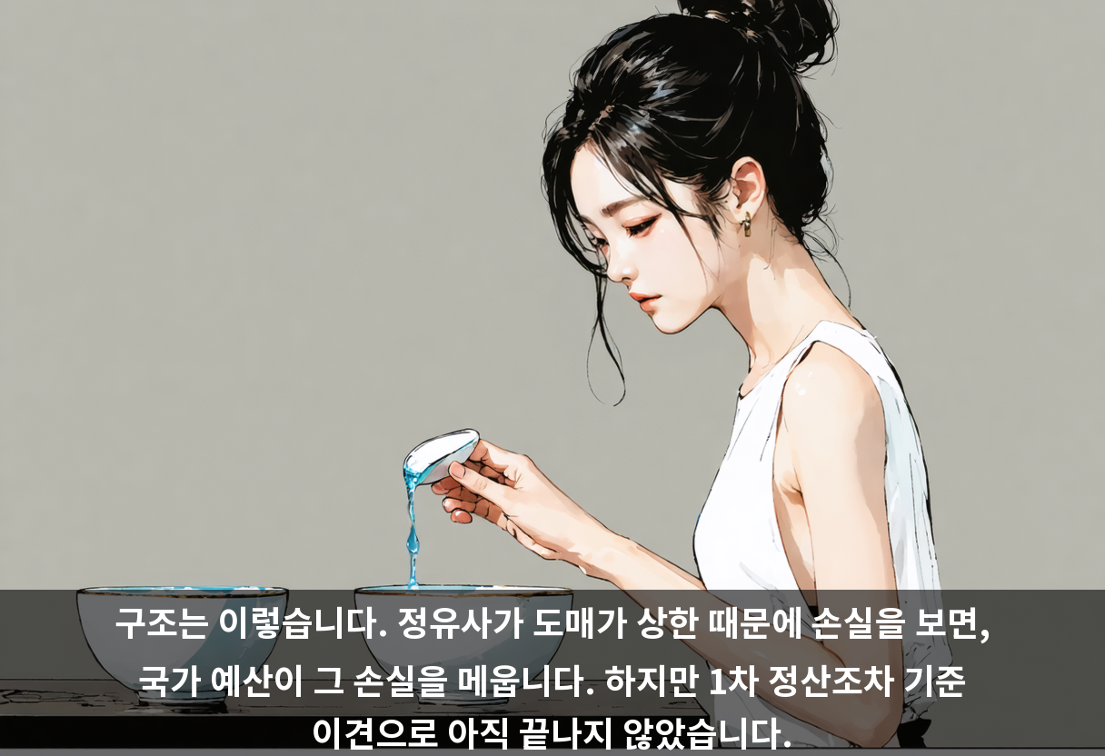 구조는 이렇습니다. 정유사가 도매가 상한 때문에 손실을 보면, 국가 예산이 그 손실을 메웁니다. 하지만 1차 정산조차 기준 이견으로 아직 끝나지 않았습니다.