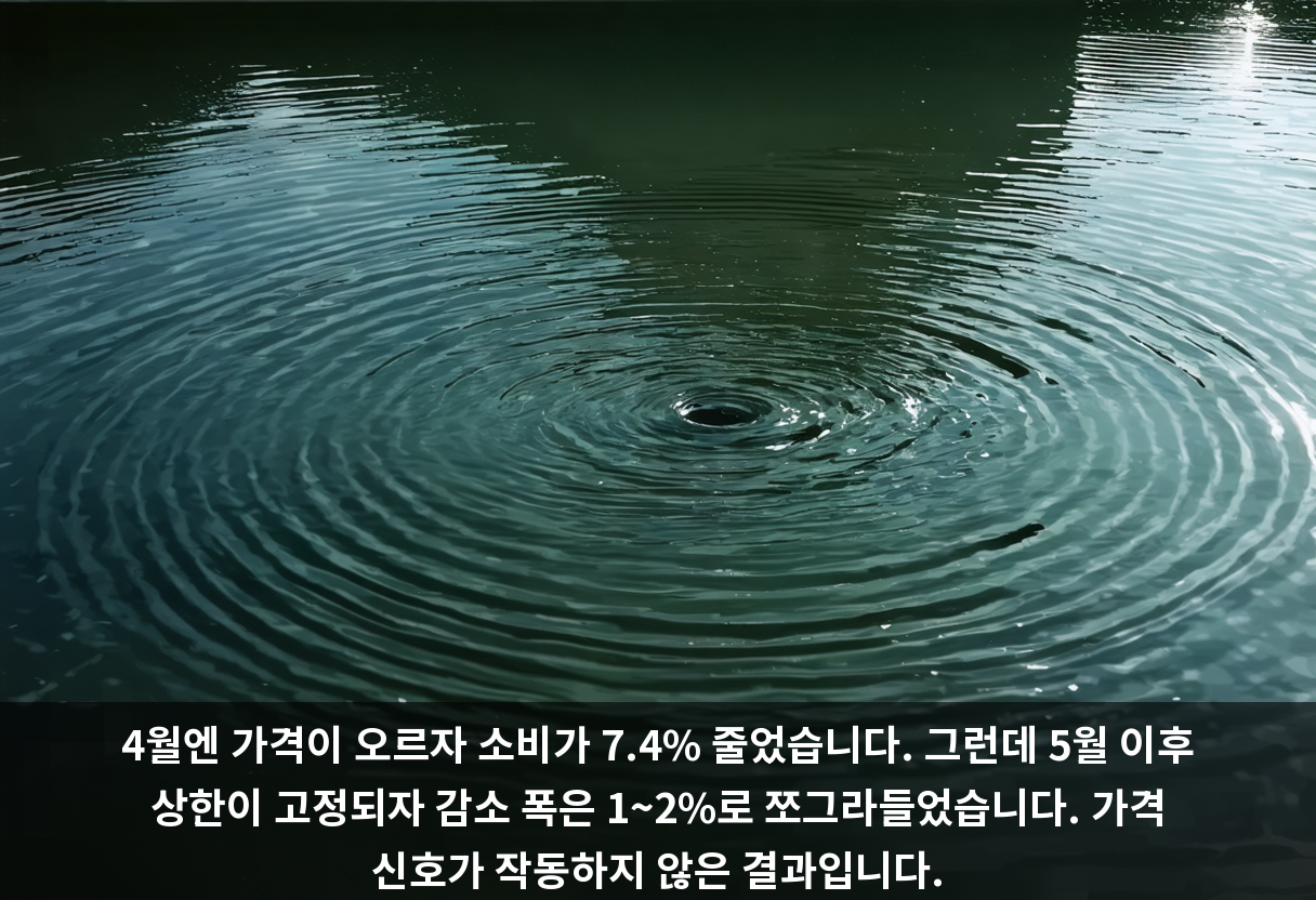 4월엔 가격이 오르자 소비가 7.4% 줄었습니다. 그런데 5월 이후 상한이 고정되자 감소 폭은 1~2%로 쪼그라들었습니다. 가격 신호가 작동하지 않은 결과입니다.