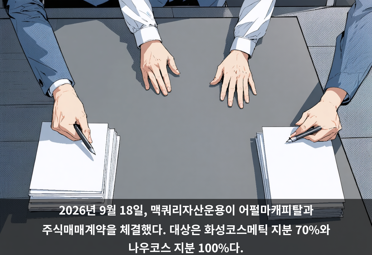 2026년 9월 18일, 맥쿼리자산운용이 어펄마캐피탈과 주식매매계약을 체결했다. 대상은 화성코스메틱 지분 70%와 나우코스 지분 100%다.