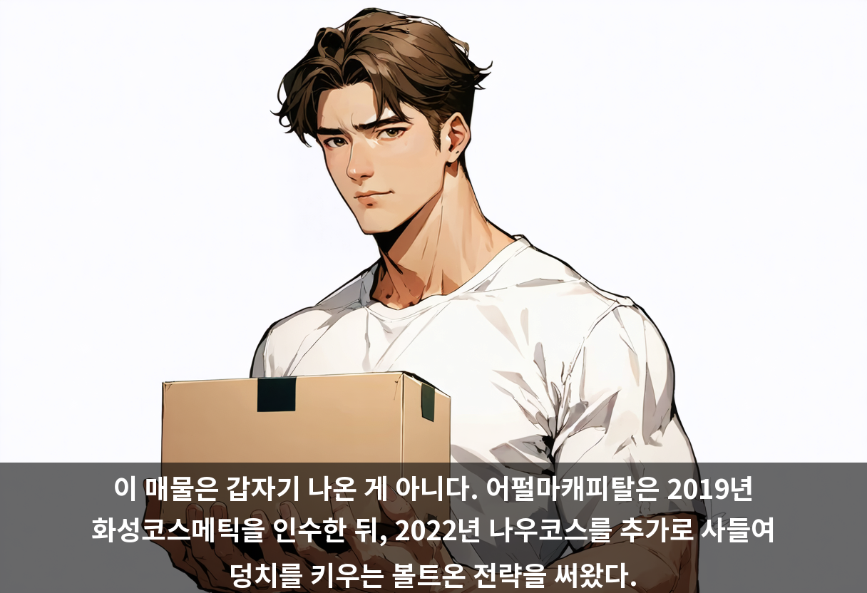 이 매물은 갑자기 나온 게 아니다. 어펄마캐피탈은 2019년 화성코스메틱을 인수한 뒤, 2022년 나우코스를 추가로 사들여 덩치를 키우는 볼트온 전략을 써왔다.