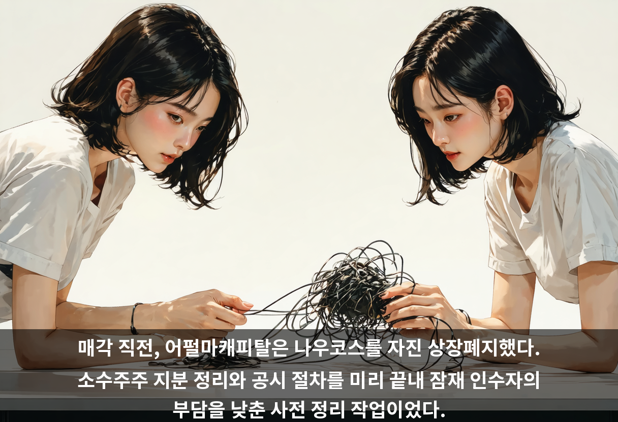 매각 직전, 어펄마캐피탈은 나우코스를 자진 상장폐지했다. 소수주주 지분 정리와 공시 절차를 미리 끝내 잠재 인수자의 부담을 낮춘 사전 정리 작업이었다.