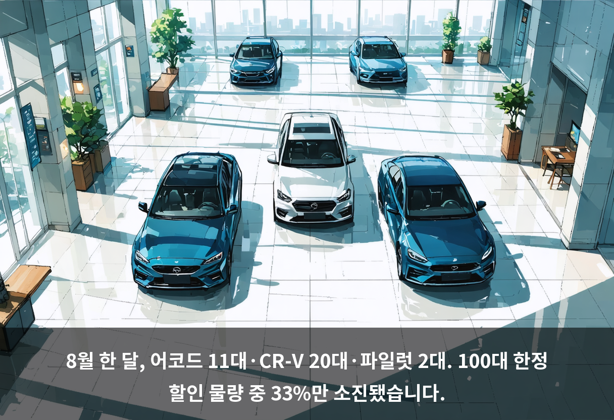 8월 한 달, 어코드 11대·CR-V 20대·파일럿 2대. 100대 한정 할인 물량 중 33%만 소진됐습니다.