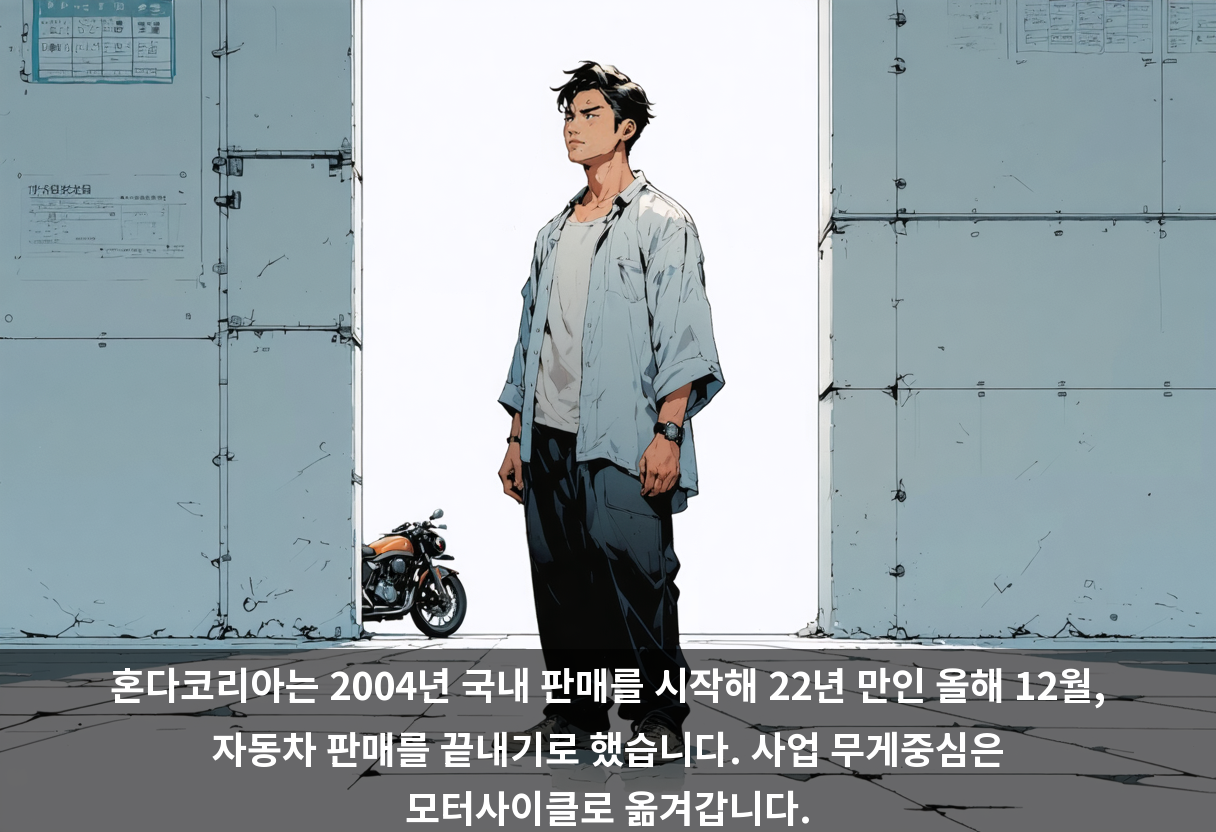혼다코리아는 2004년 국내 판매를 시작해 22년 만인 올해 12월, 자동차 판매를 끝내기로 했습니다. 사업 무게중심은 모터사이클로 옮겨갑니다.