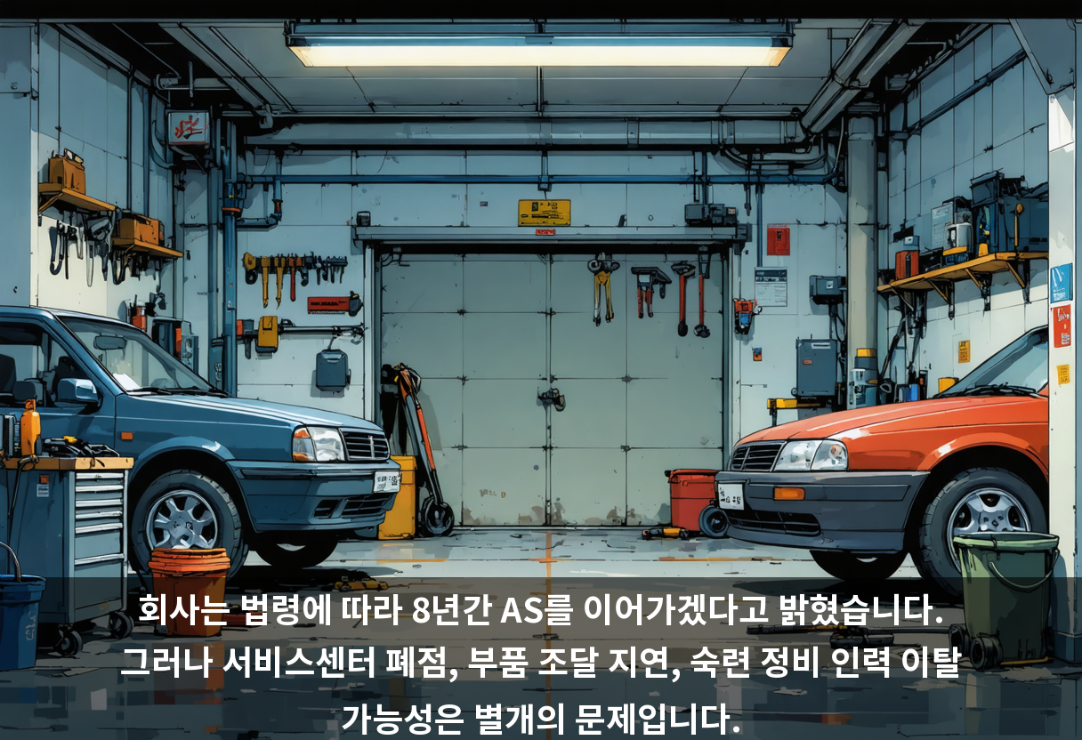회사는 법령에 따라 8년간 AS를 이어가겠다고 밝혔습니다. 그러나 서비스센터 폐점, 부품 조달 지연, 숙련 정비 인력 이탈 가능성은 별개의 문제입니다.