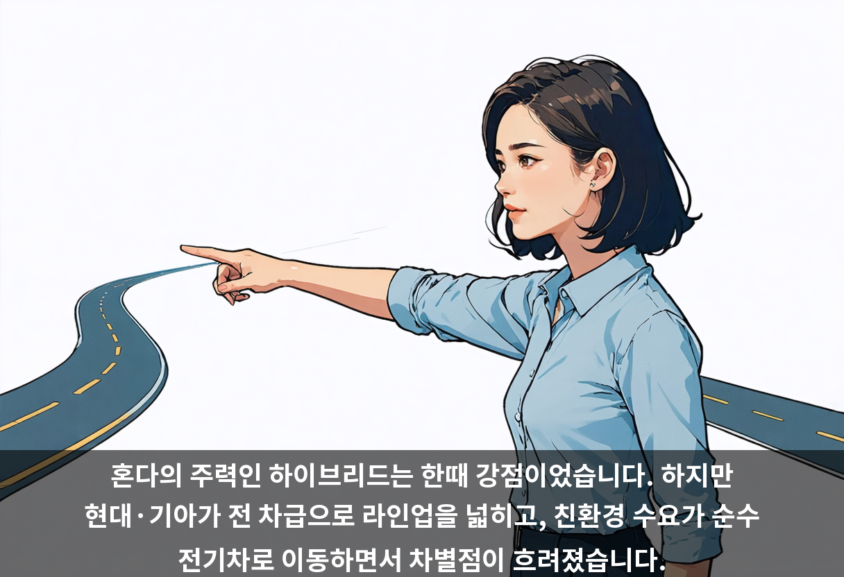 혼다의 주력인 하이브리드는 한때 강점이었습니다. 하지만 현대·기아가 전 차급으로 라인업을 넓히고, 친환경 수요가 순수 전기차로 이동하면서 차별점이 흐려졌습니다.