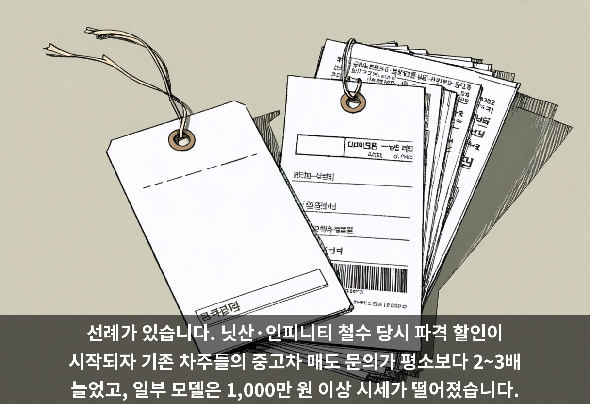 선례가 있습니다. 닛산·인피니티 철수 당시 파격 할인이 시작되자 기존 차주들의 중고차 매도 문의가 평소보다 2~3배 늘었고, 일부 모델은 1,000만 원 이상 시세가 떨어졌습니다.