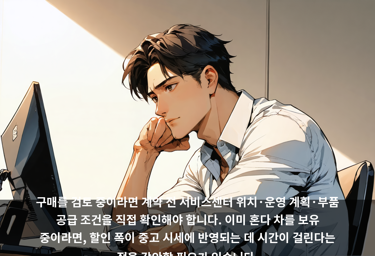 구매를 검토 중이라면 계약 전 서비스센터 위치·운영 계획·부품 공급 조건을 직접 확인해야 합니다. 이미 혼다 차를 보유 중이라면, 할인 폭이 중고 시세에 반영되는 데 시간이 걸린다는 점을 감안할 필요가 있습니다.
