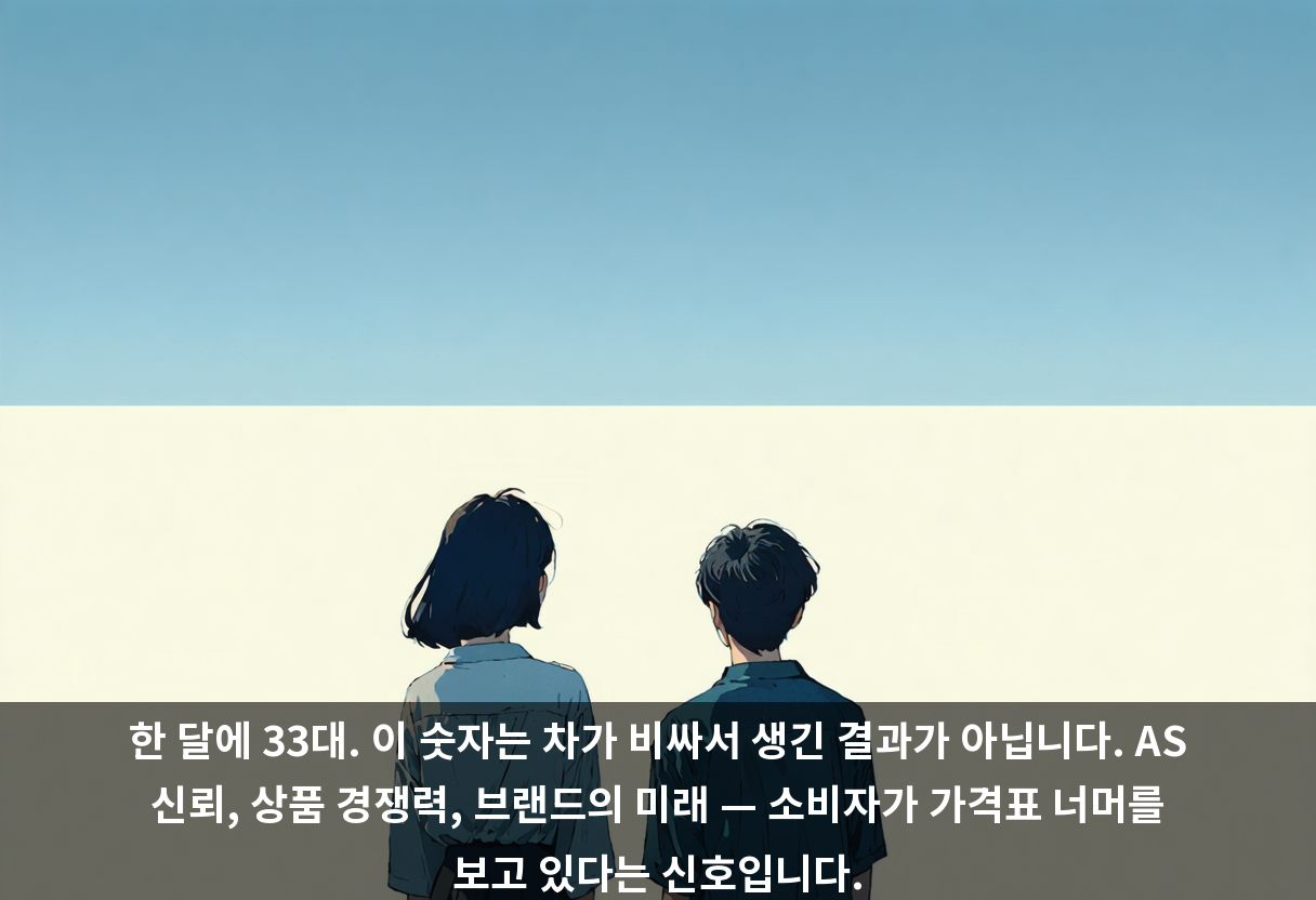 한 달에 33대. 이 숫자는 차가 비싸서 생긴 결과가 아닙니다. AS 신뢰, 상품 경쟁력, 브랜드의 미래 — 소비자가 가격표 너머를 보고 있다는 신호입니다.