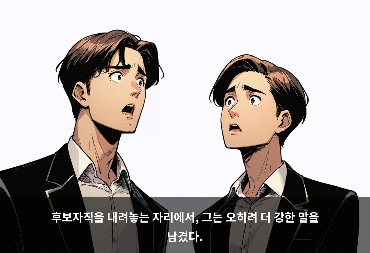 후보자직을 내려놓는 자리에서, 그는 오히려 더 강한 말을 남겼다.