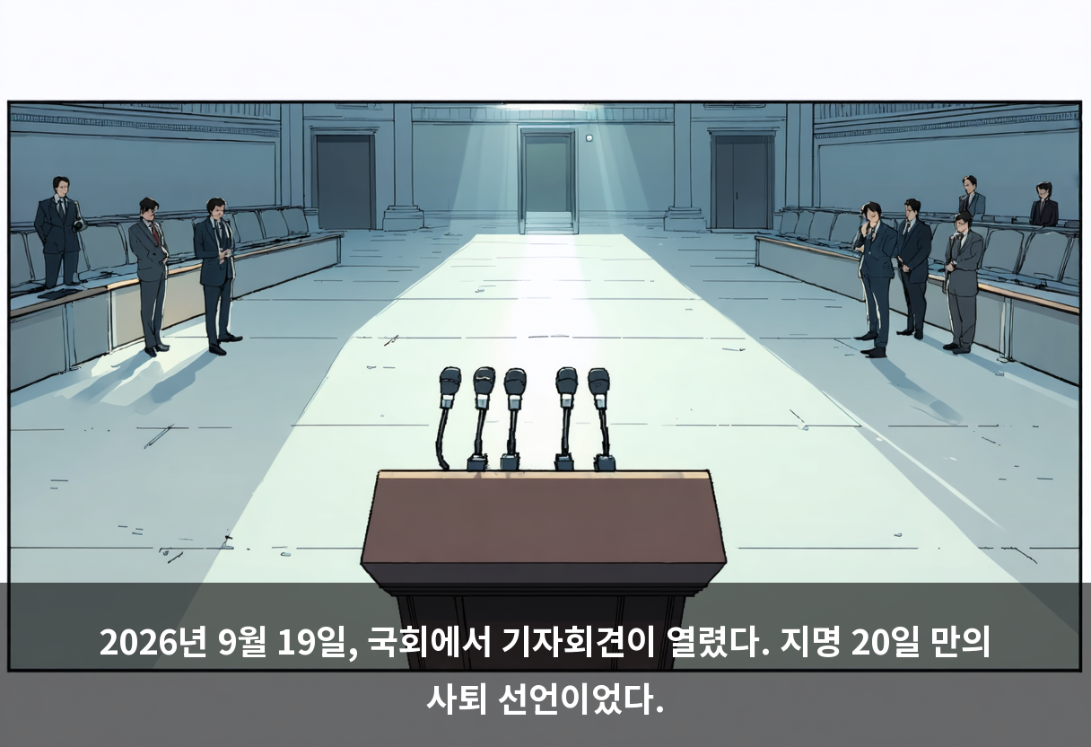 2026년 9월 19일, 국회에서 기자회견이 열렸다. 지명 20일 만의 사퇴 선언이었다.