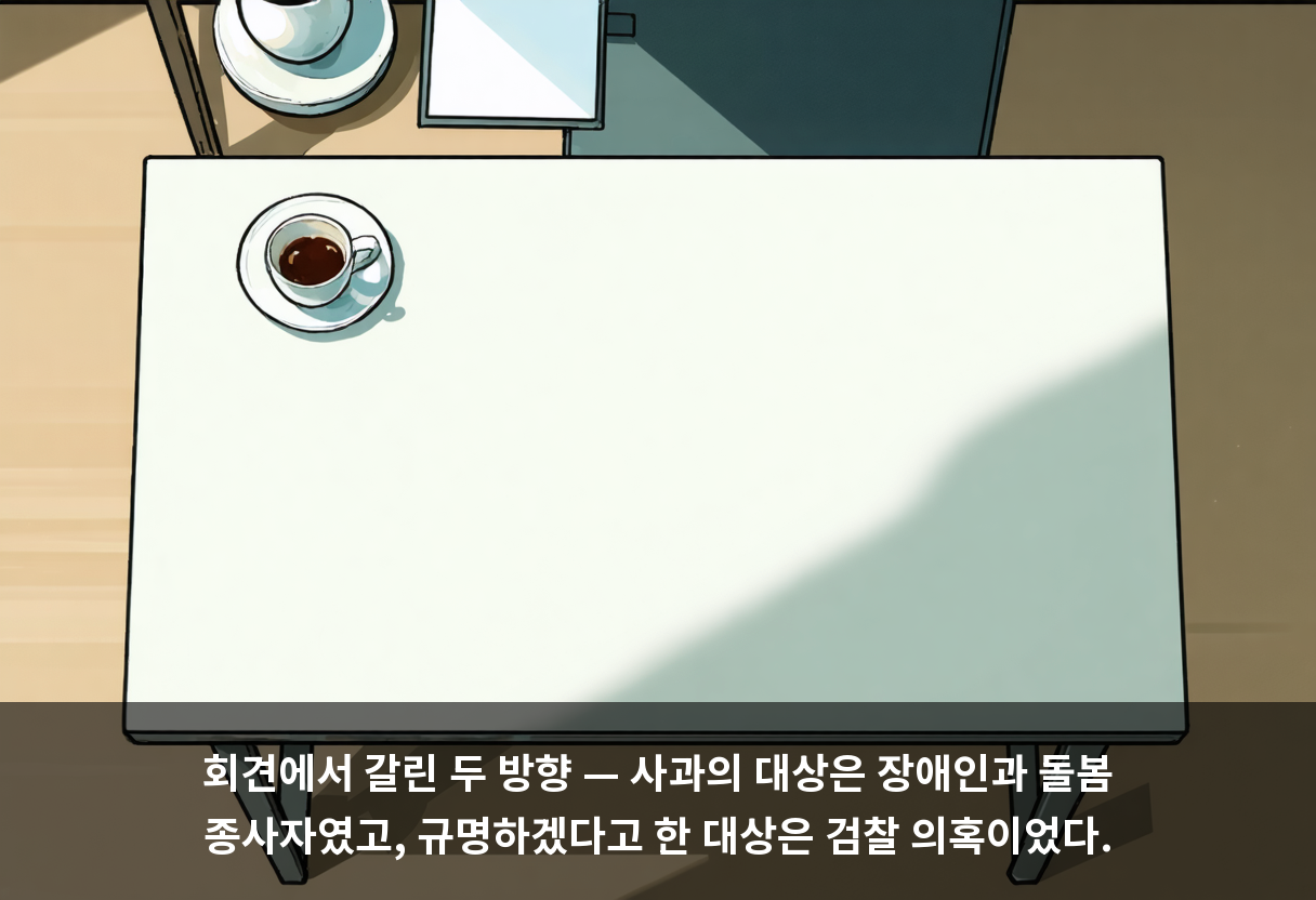 회견에서 갈린 두 방향 — 사과의 대상은 장애인과 돌봄 종사자였고, 규명하겠다고 한 대상은 검찰 의혹이었다.