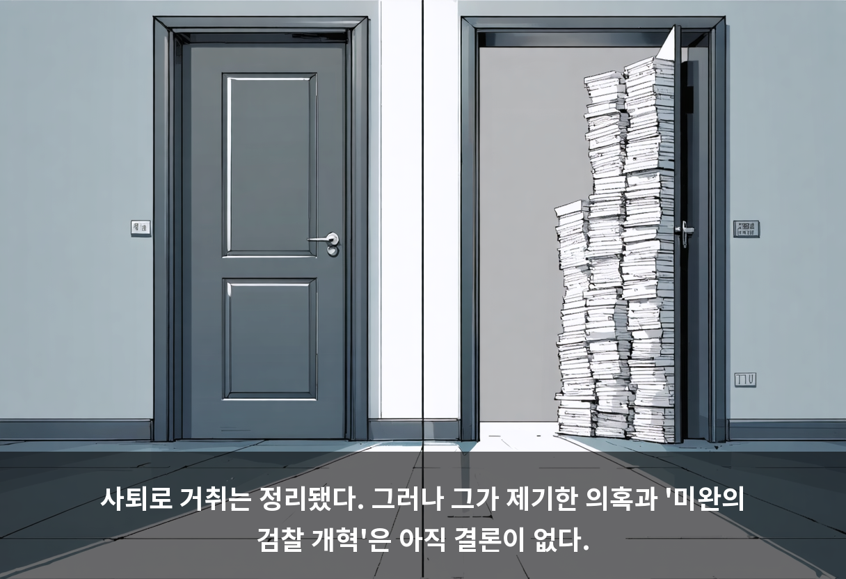 사퇴로 거취는 정리됐다. 그러나 그가 제기한 의혹과 '미완의 검찰 개혁'은 아직 결론이 없다.