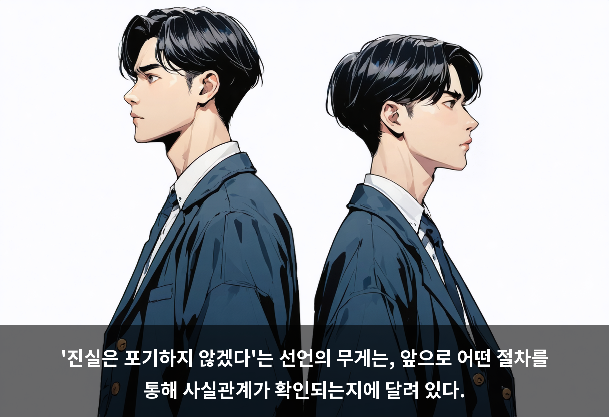'진실은 포기하지 않겠다'는 선언의 무게는, 앞으로 어떤 절차를 통해 사실관계가 확인되는지에 달려 있다.