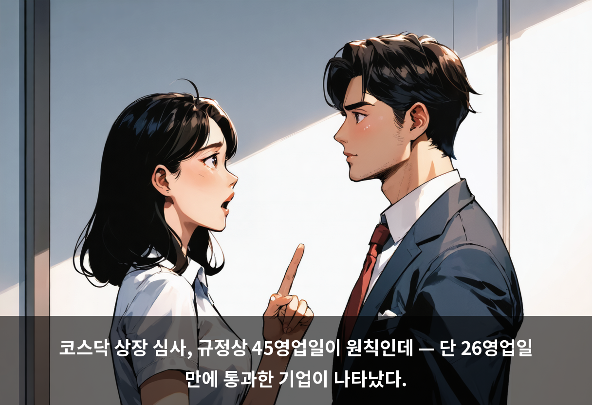 코스닥 상장 심사, 규정상 45영업일이 원칙인데 — 단 26영업일 만에 통과한 기업이 나타났다.