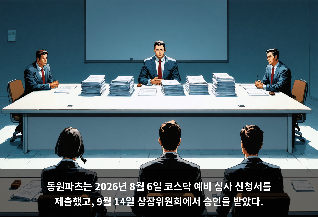 동원파츠는 2026년 8월 6일 코스닥 예비 심사 신청서를 제출했고, 9월 14일 상장위원회에서 승인을 받았다.