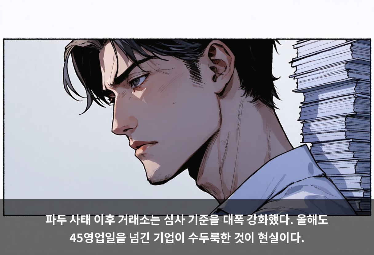 파두 사태 이후 거래소는 심사 기준을 대폭 강화했다. 올해도 45영업일을 넘긴 기업이 수두룩한 것이 현실이다.