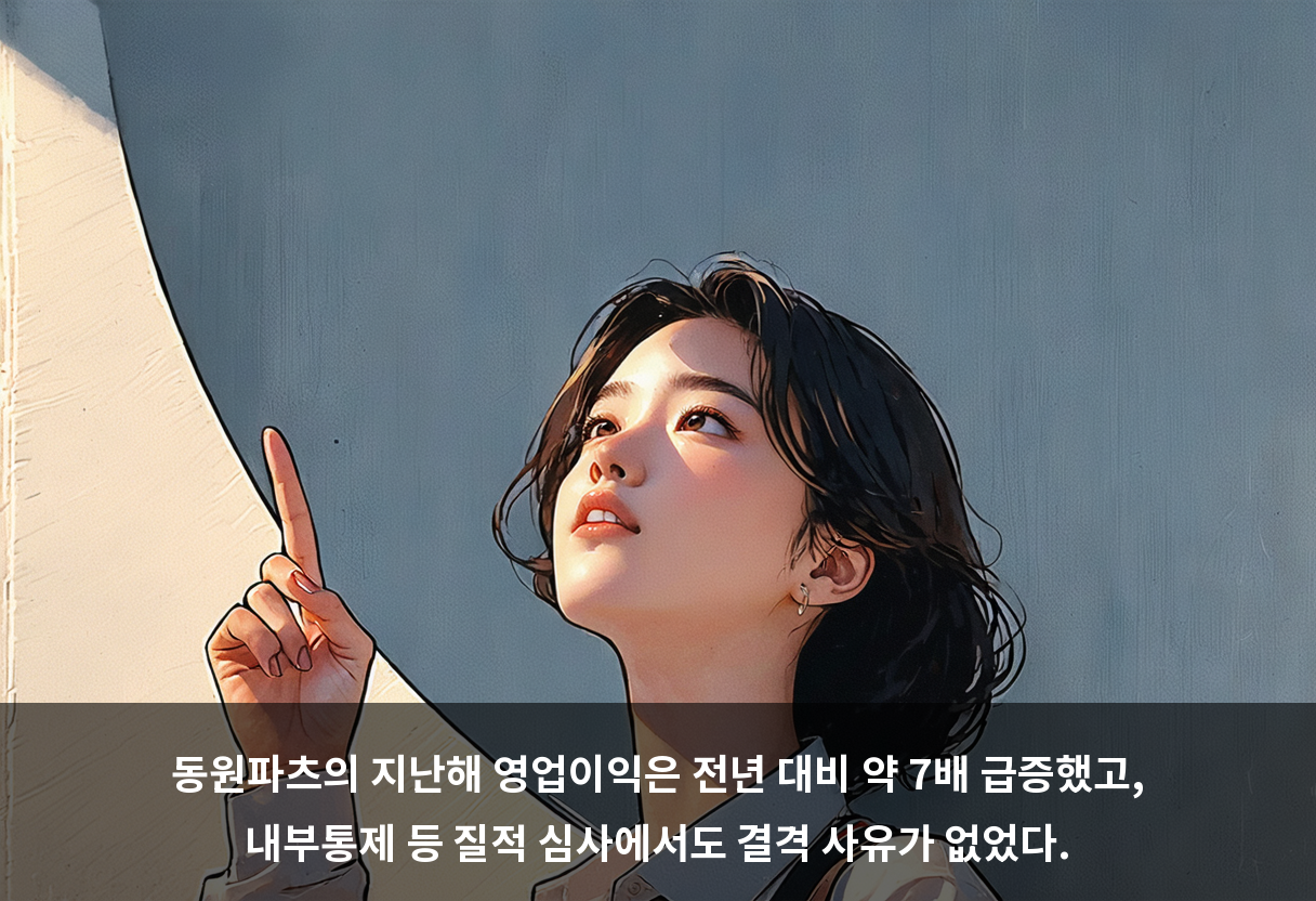 동원파츠의 지난해 영업이익은 전년 대비 약 7배 급증했고, 내부통제 등 질적 심사에서도 결격 사유가 없었다.