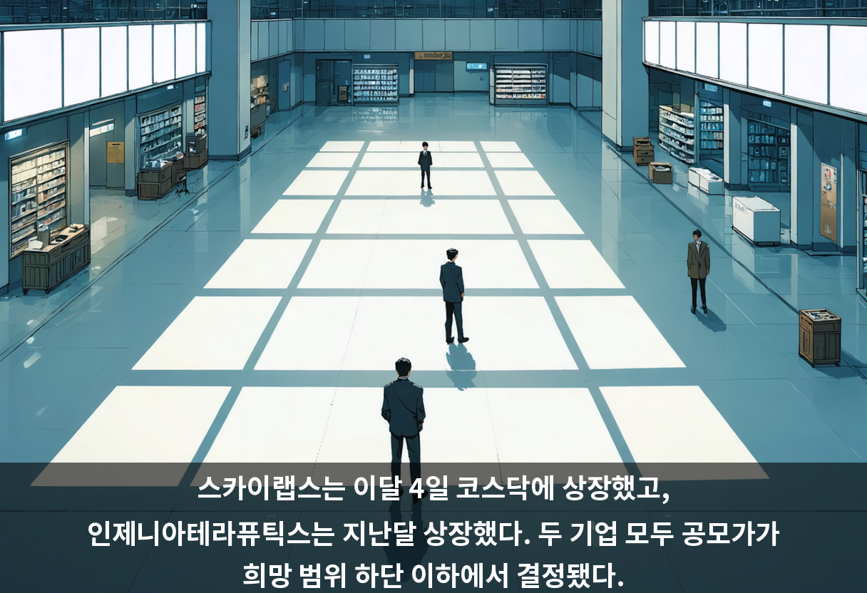 스카이랩스는 이달 4일 코스닥에 상장했고, 인제니아테라퓨틱스는 지난달 상장했다. 두 기업 모두 공모가가 희망 범위 하단 이하에서 결정됐다.