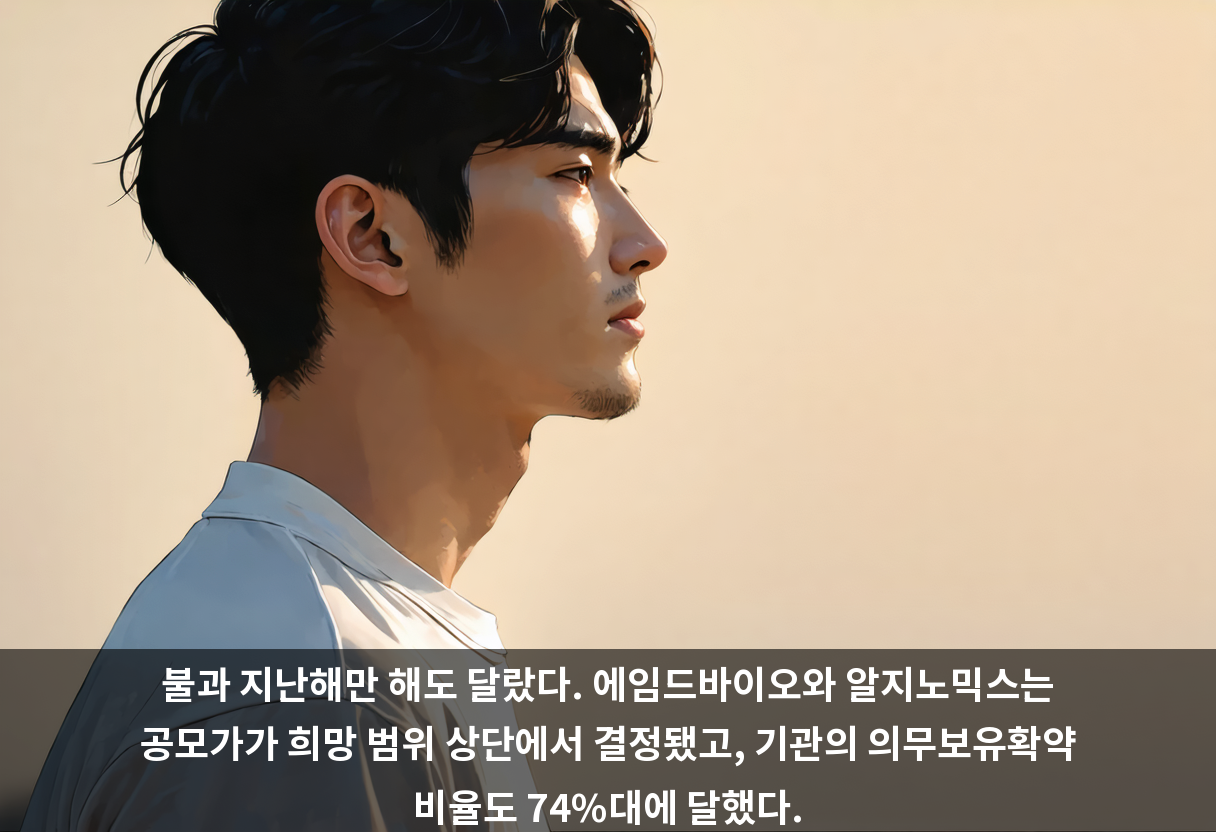 불과 지난해만 해도 달랐다. 에임드바이오와 알지노믹스는 공모가가 희망 범위 상단에서 결정됐고, 기관의 의무보유확약 비율도 74%대에 달했다.