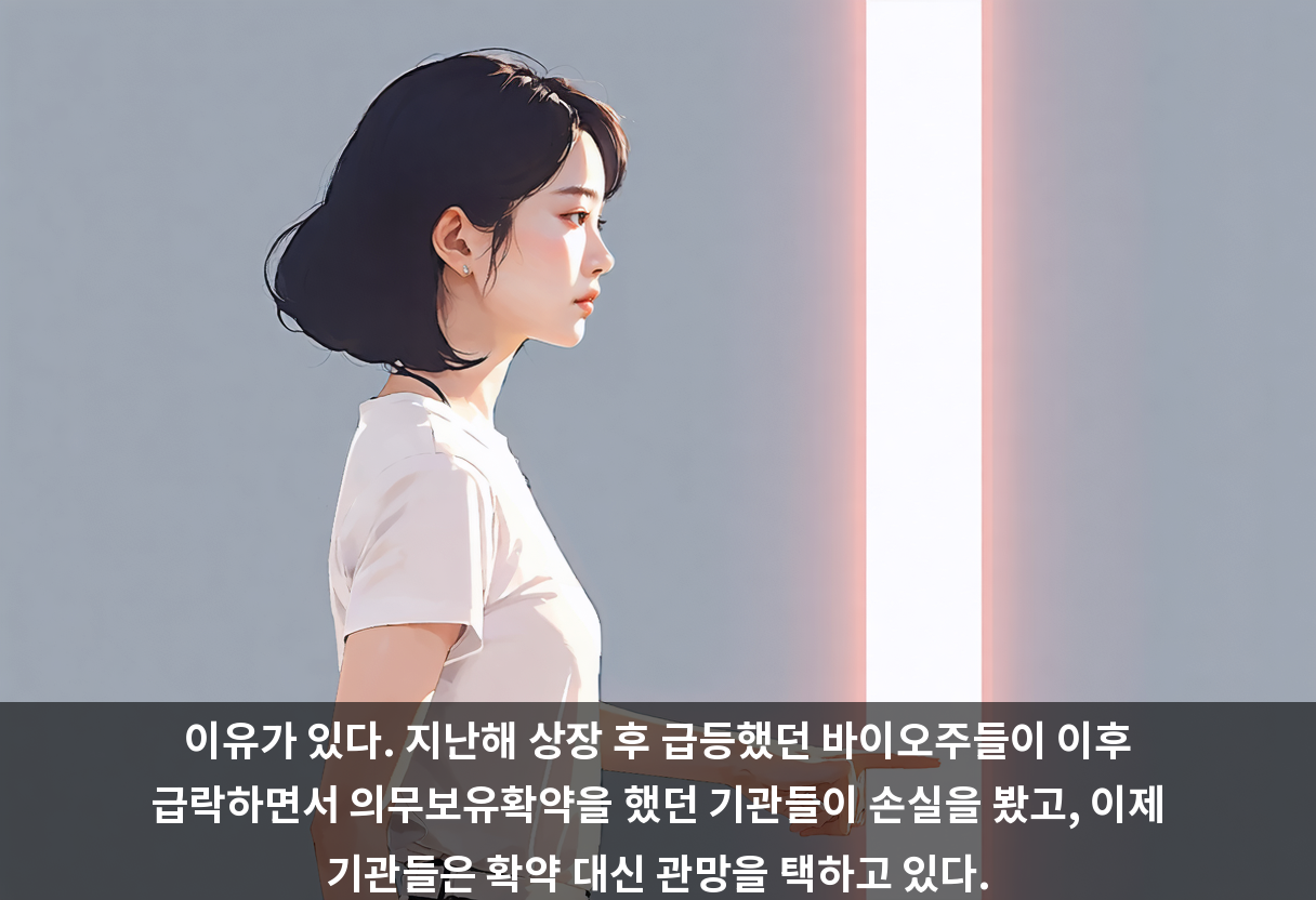 이유가 있다. 지난해 상장 후 급등했던 바이오주들이 이후 급락하면서 의무보유확약을 했던 기관들이 손실을 봤고, 이제 기관들은 확약 대신 관망을 택하고 있다.