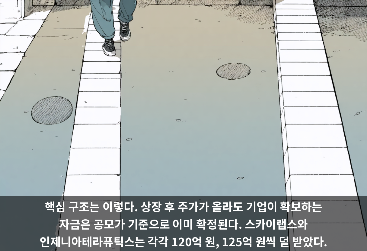 핵심 구조는 이렇다. 상장 후 주가가 올라도 기업이 확보하는 자금은 공모가 기준으로 이미 확정된다. 스카이랩스와 인제니아테라퓨틱스는 각각 120억 원, 125억 원씩 덜 받았다.