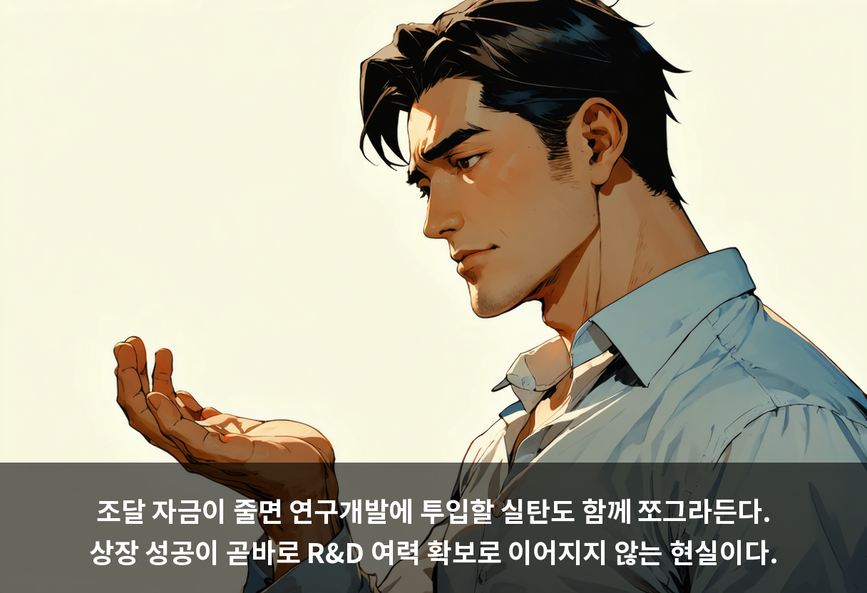조달 자금이 줄면 연구개발에 투입할 실탄도 함께 쪼그라든다. 상장 성공이 곧바로 R&D 여력 확보로 이어지지 않는 현실이다.