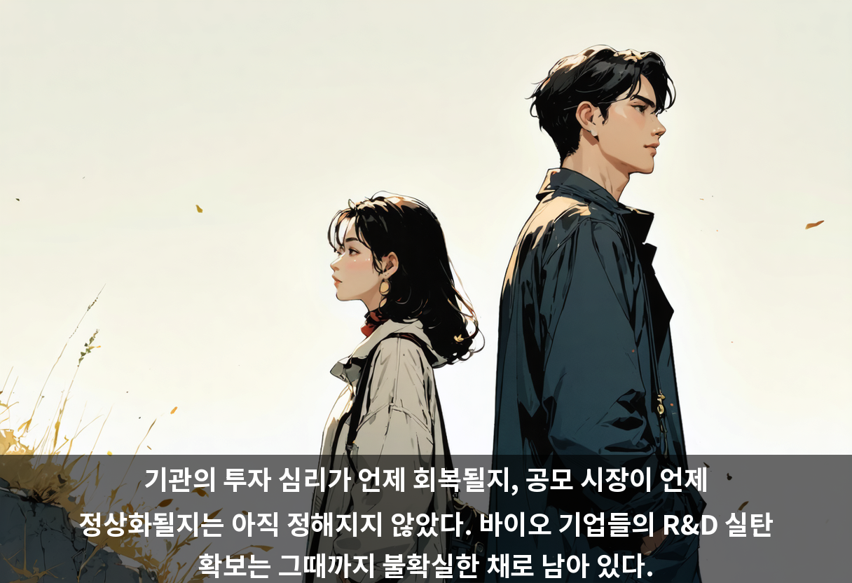 기관의 투자 심리가 언제 회복될지, 공모 시장이 언제 정상화될지는 아직 정해지지 않았다. 바이오 기업들의 R&D 실탄 확보는 그때까지 불확실한 채로 남아 있다.