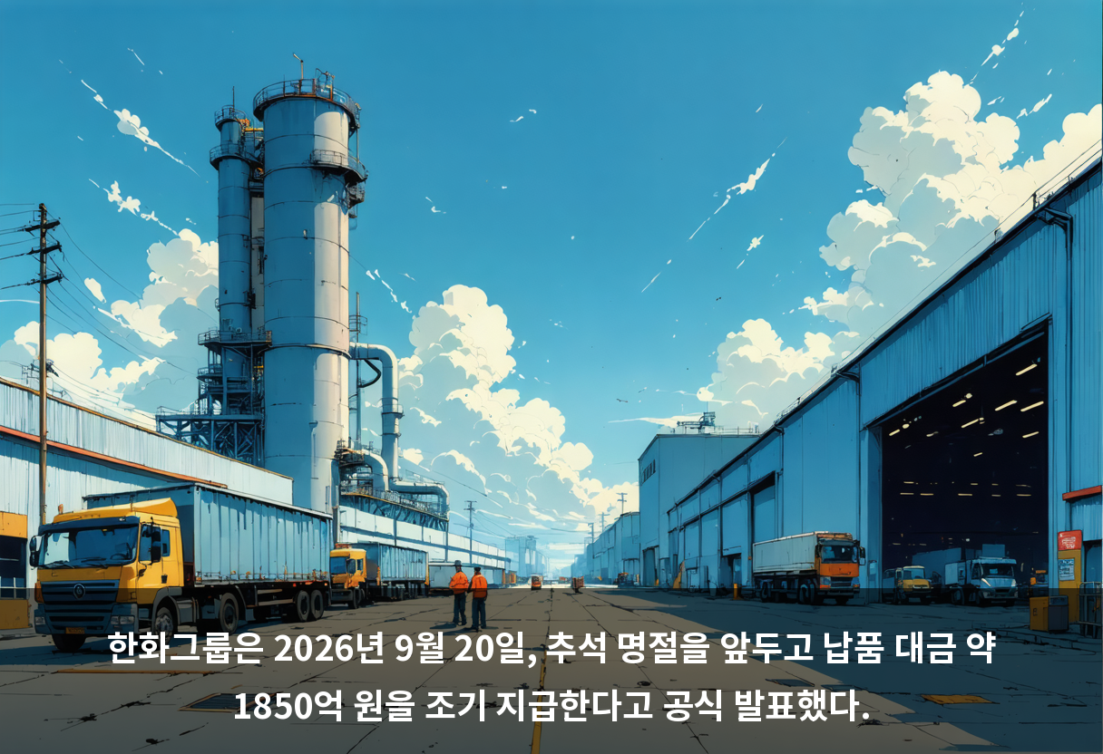 한화그룹은 2026년 9월 20일, 추석 명절을 앞두고 납품 대금 약 1850억 원을 조기 지급한다고 공식 발표했다.