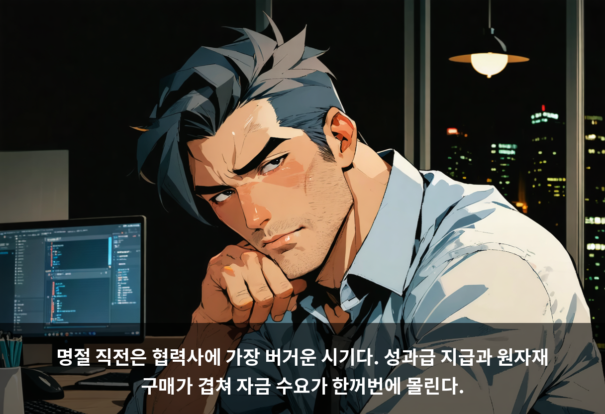 명절 직전은 협력사에 가장 버거운 시기다. 성과급 지급과 원자재 구매가 겹쳐 자금 수요가 한꺼번에 몰린다.