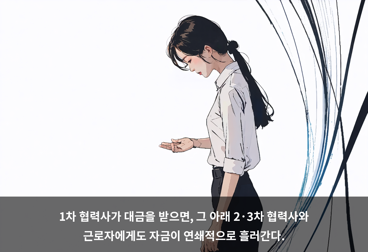 1차 협력사가 대금을 받으면, 그 아래 2·3차 협력사와 근로자에게도 자금이 연쇄적으로 흘러간다.