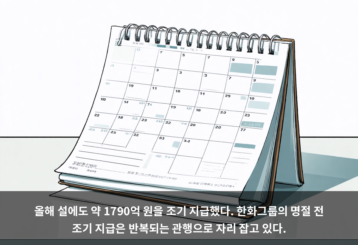 올해 설에도 약 1790억 원을 조기 지급했다. 한화그룹의 명절 전 조기 지급은 반복되는 관행으로 자리 잡고 있다.