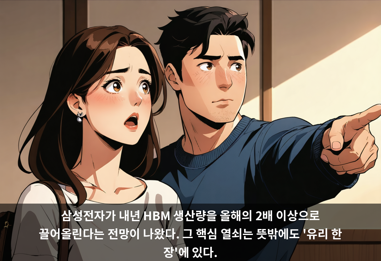 삼성전자가 내년 HBM 생산량을 올해의 2배 이상으로 끌어올린다는 전망이 나왔다. 그 핵심 열쇠는 뜻밖에도 '유리 한 장'에 있다.