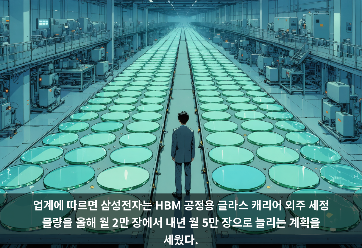업계에 따르면 삼성전자는 HBM 공정용 글라스 캐리어 외주 세정 물량을 올해 월 2만 장에서 내년 월 5만 장으로 늘리는 계획을 세웠다.