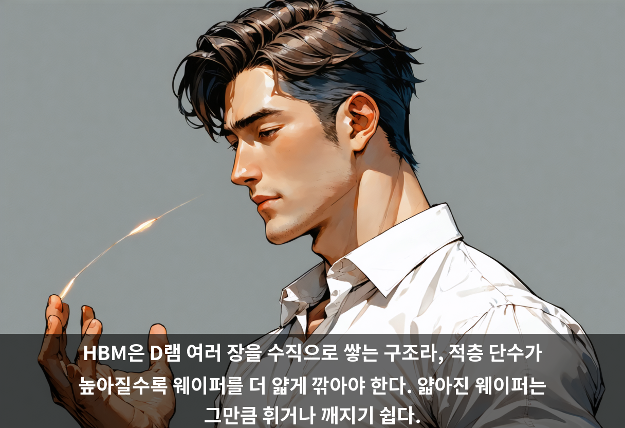 HBM은 D램 여러 장을 수직으로 쌓는 구조라, 적층 단수가 높아질수록 웨이퍼를 더 얇게 깎아야 한다. 얇아진 웨이퍼는 그만큼 휘거나 깨지기 쉽다.