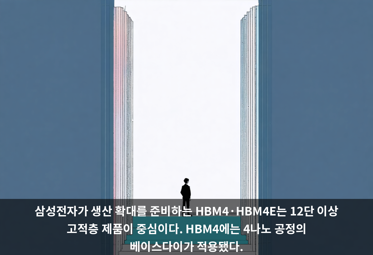 삼성전자가 생산 확대를 준비하는 HBM4·HBM4E는 12단 이상 고적층 제품이 중심이다. HBM4에는 4나노 공정의 베이스다이가 적용됐다.