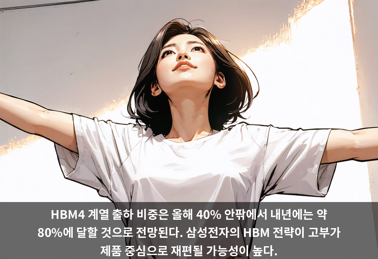 HBM4 계열 출하 비중은 올해 40% 안팎에서 내년에는 약 80%에 달할 것으로 전망된다. 삼성전자의 HBM 전략이 고부가 제품 중심으로 재편될 가능성이 높다.