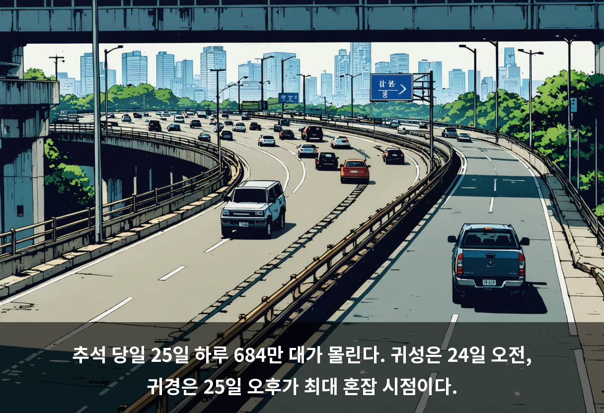 추석 당일 25일 하루 684만 대가 몰린다. 귀성은 24일 오전, 귀경은 25일 오후가 최대 혼잡 시점이다.