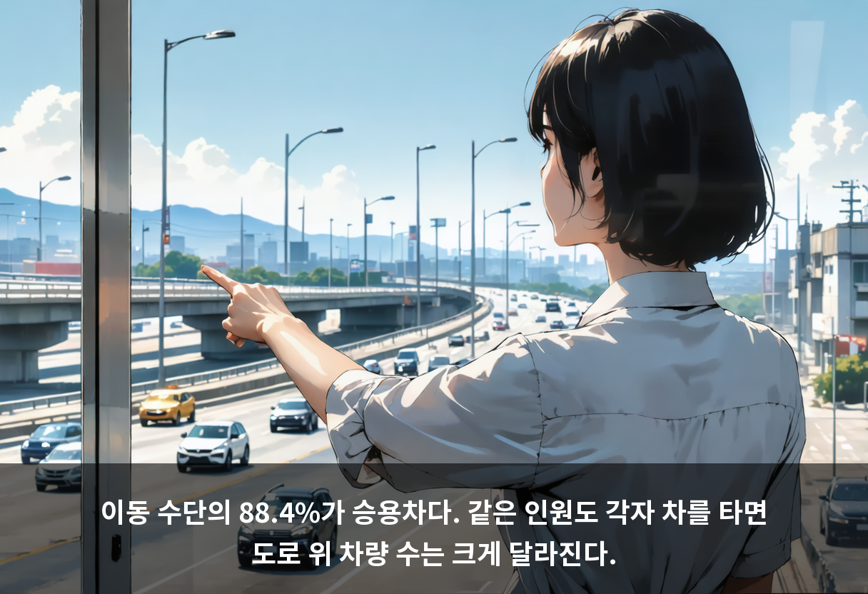 이동 수단의 88.4%가 승용차다. 같은 인원도 각자 차를 타면 도로 위 차량 수는 크게 달라진다.