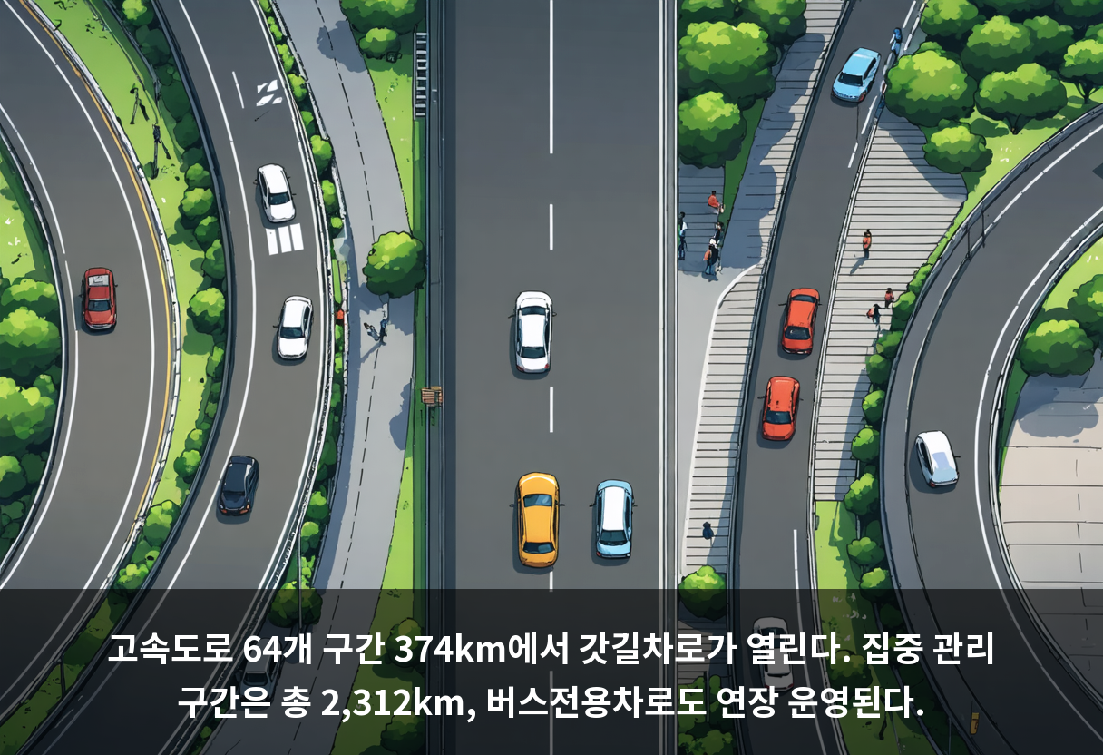 고속도로 64개 구간 374km에서 갓길차로가 열린다. 집중 관리 구간은 총 2,312km, 버스전용차로도 연장 운영된다.