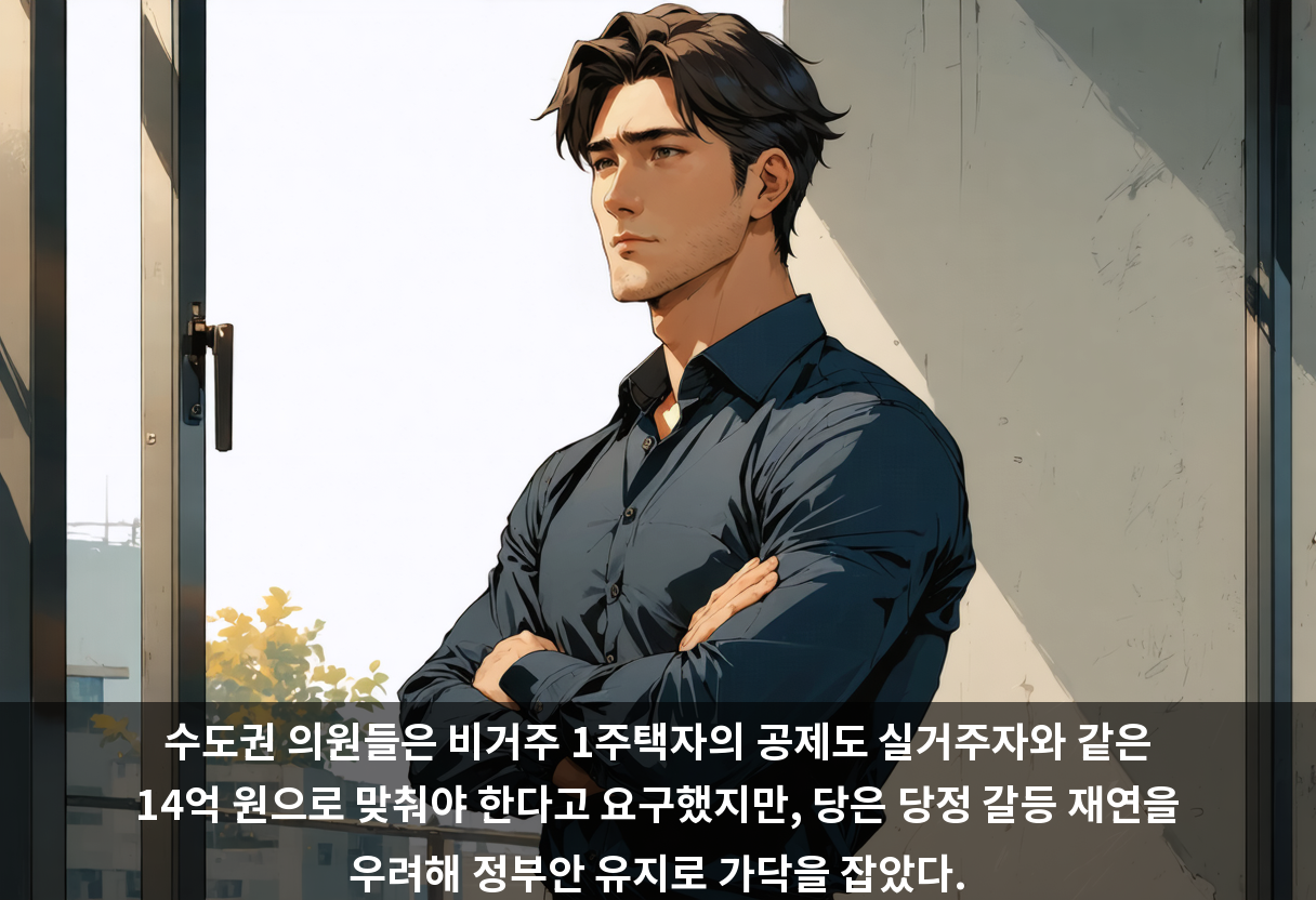 수도권 의원들은 비거주 1주택자의 공제도 실거주자와 같은 14억 원으로 맞춰야 한다고 요구했지만, 당은 당정 갈등 재연을 우려해 정부안 유지로 가닥을 잡았다.