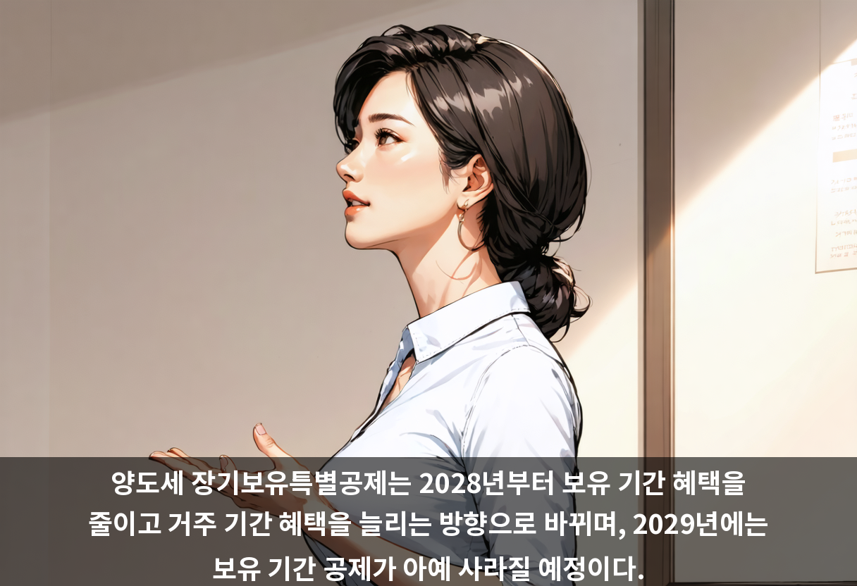 양도세 장기보유특별공제는 2028년부터 보유 기간 혜택을 줄이고 거주 기간 혜택을 늘리는 방향으로 바뀌며, 2029년에는 보유 기간 공제가 아예 사라질 예정이다.