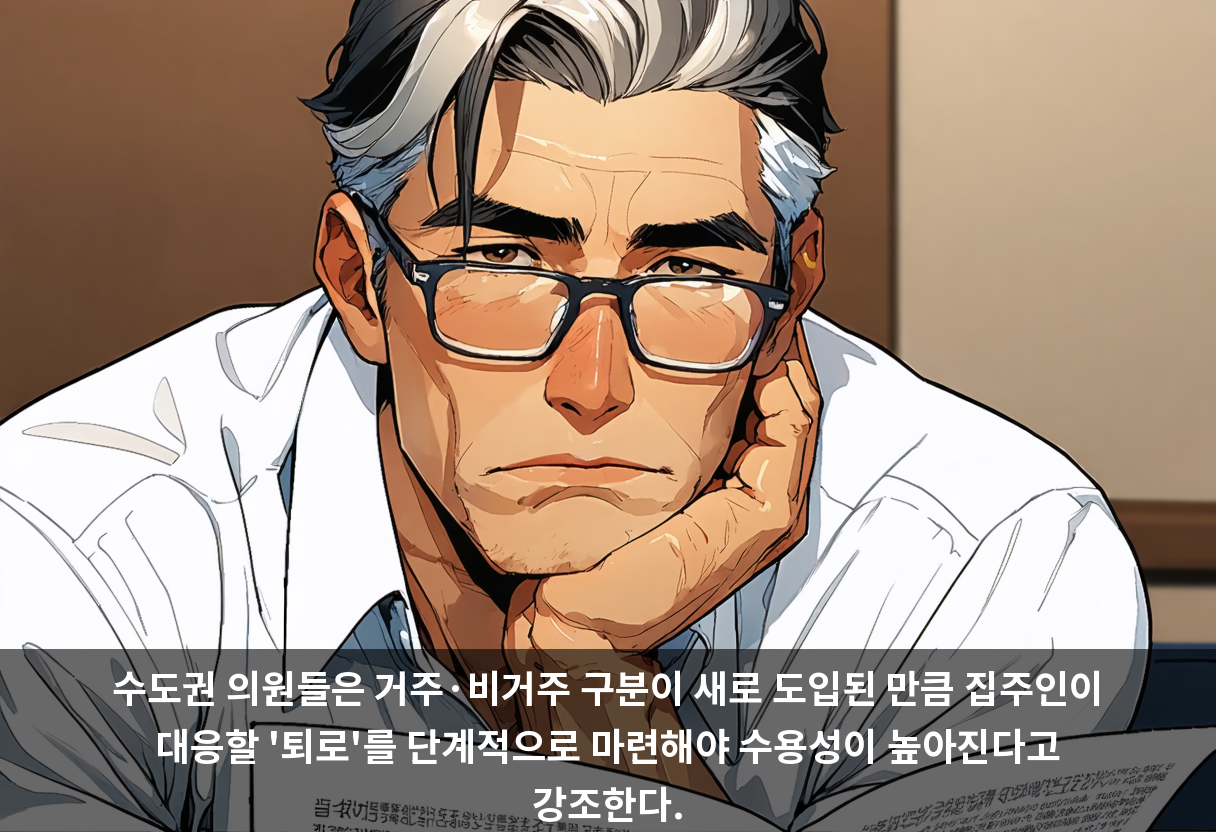 수도권 의원들은 거주·비거주 구분이 새로 도입된 만큼 집주인이 대응할 '퇴로'를 단계적으로 마련해야 수용성이 높아진다고 강조한다.
