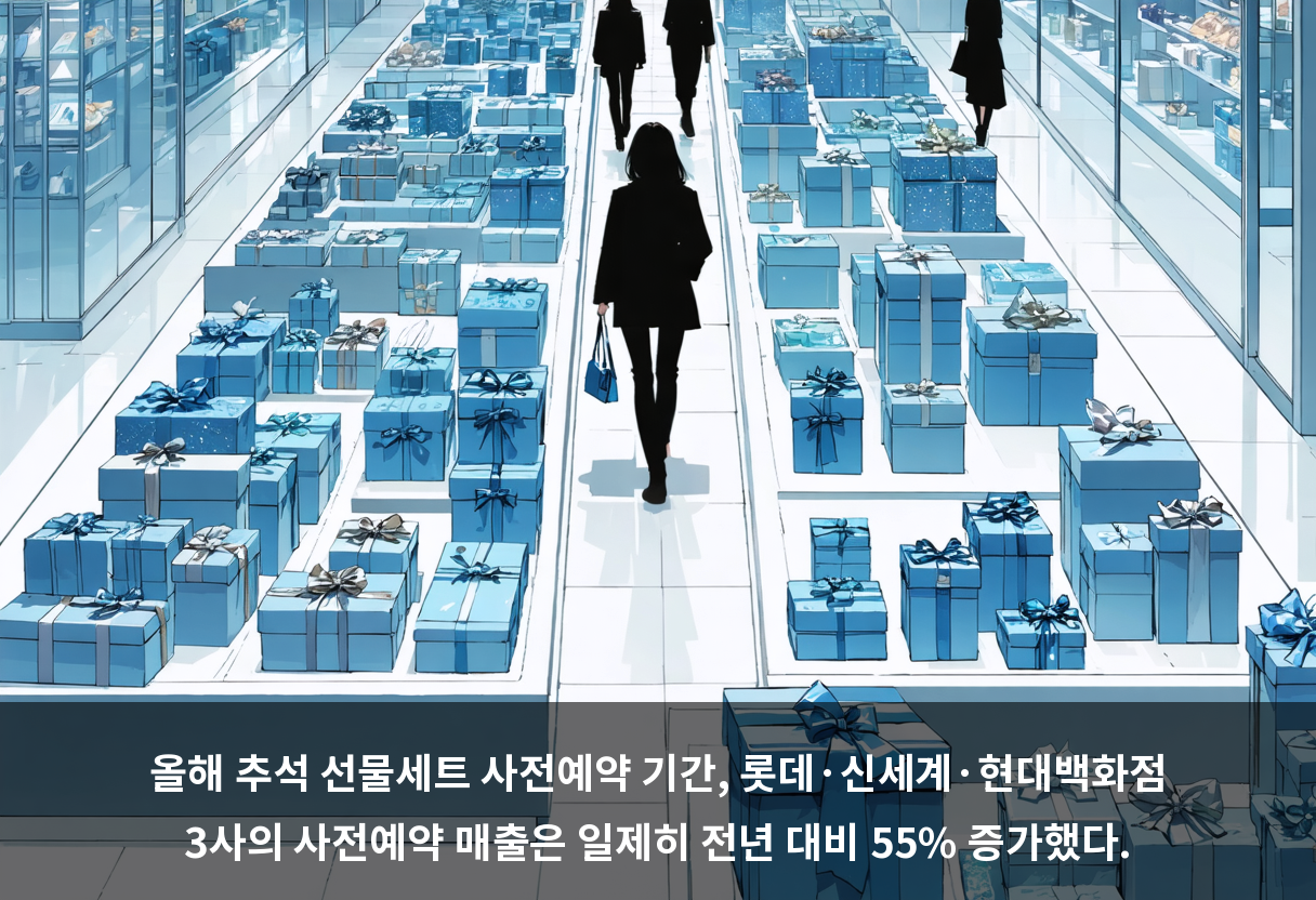 올해 추석 선물세트 사전예약 기간, 롯데·신세계·현대백화점 3사의 사전예약 매출은 일제히 전년 대비 55% 증가했다.