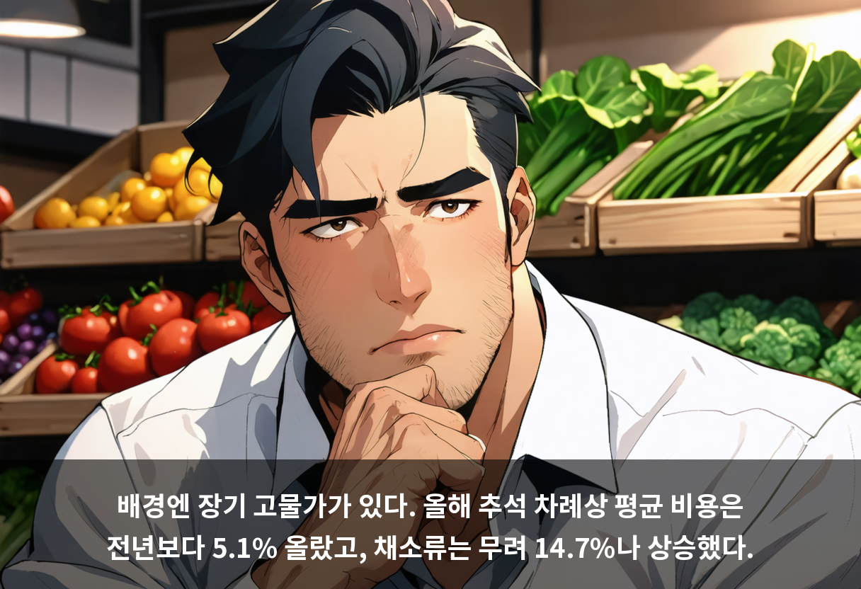 배경엔 장기 고물가가 있다. 올해 추석 차례상 평균 비용은 전년보다 5.1% 올랐고, 채소류는 무려 14.7%나 상승했다.