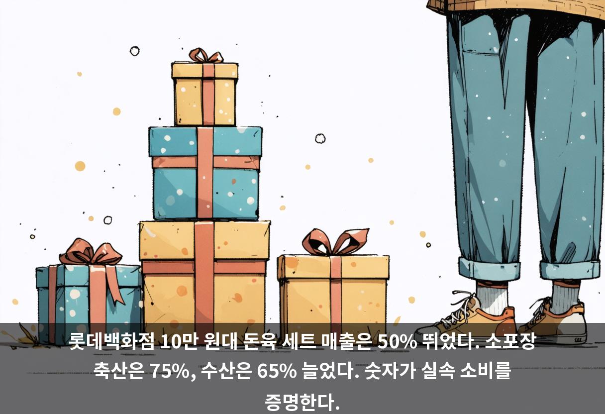 롯데백화점 10만 원대 돈육 세트 매출은 50% 뛰었다. 소포장 축산은 75%, 수산은 65% 늘었다. 숫자가 실속 소비를 증명한다.