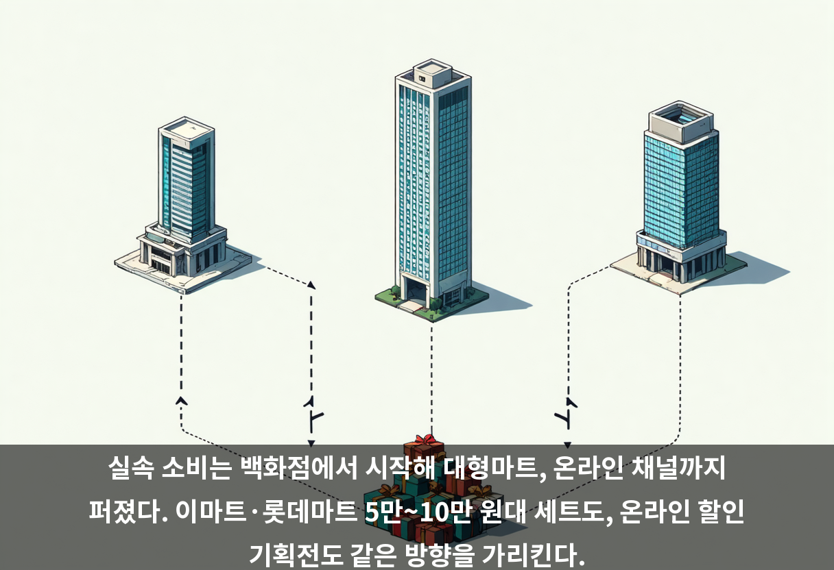 실속 소비는 백화점에서 시작해 대형마트, 온라인 채널까지 퍼졌다. 이마트·롯데마트 5만~10만 원대 세트도, 온라인 할인 기획전도 같은 방향을 가리킨다.