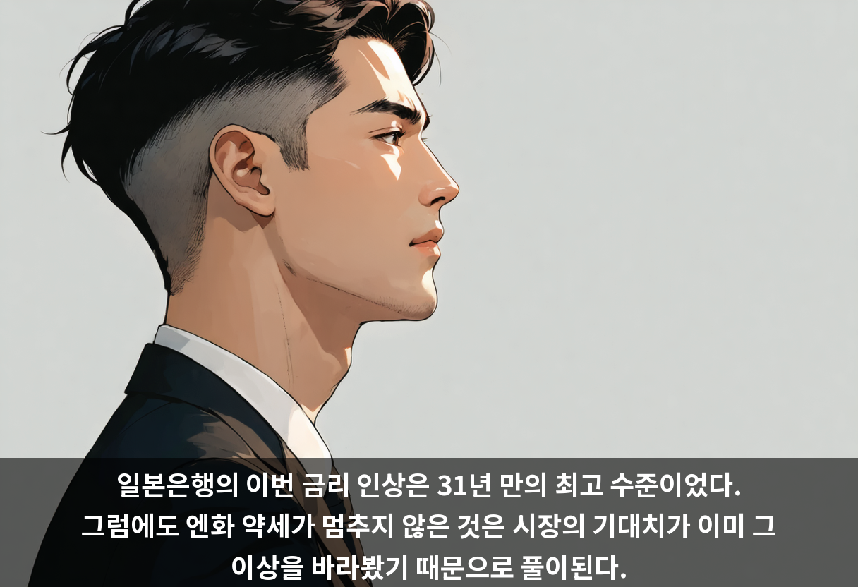 일본은행의 이번 금리 인상은 31년 만의 최고 수준이었다. 그럼에도 엔화 약세가 멈추지 않은 것은 시장의 기대치가 이미 그 이상을 바라봤기 때문으로 풀이된다.