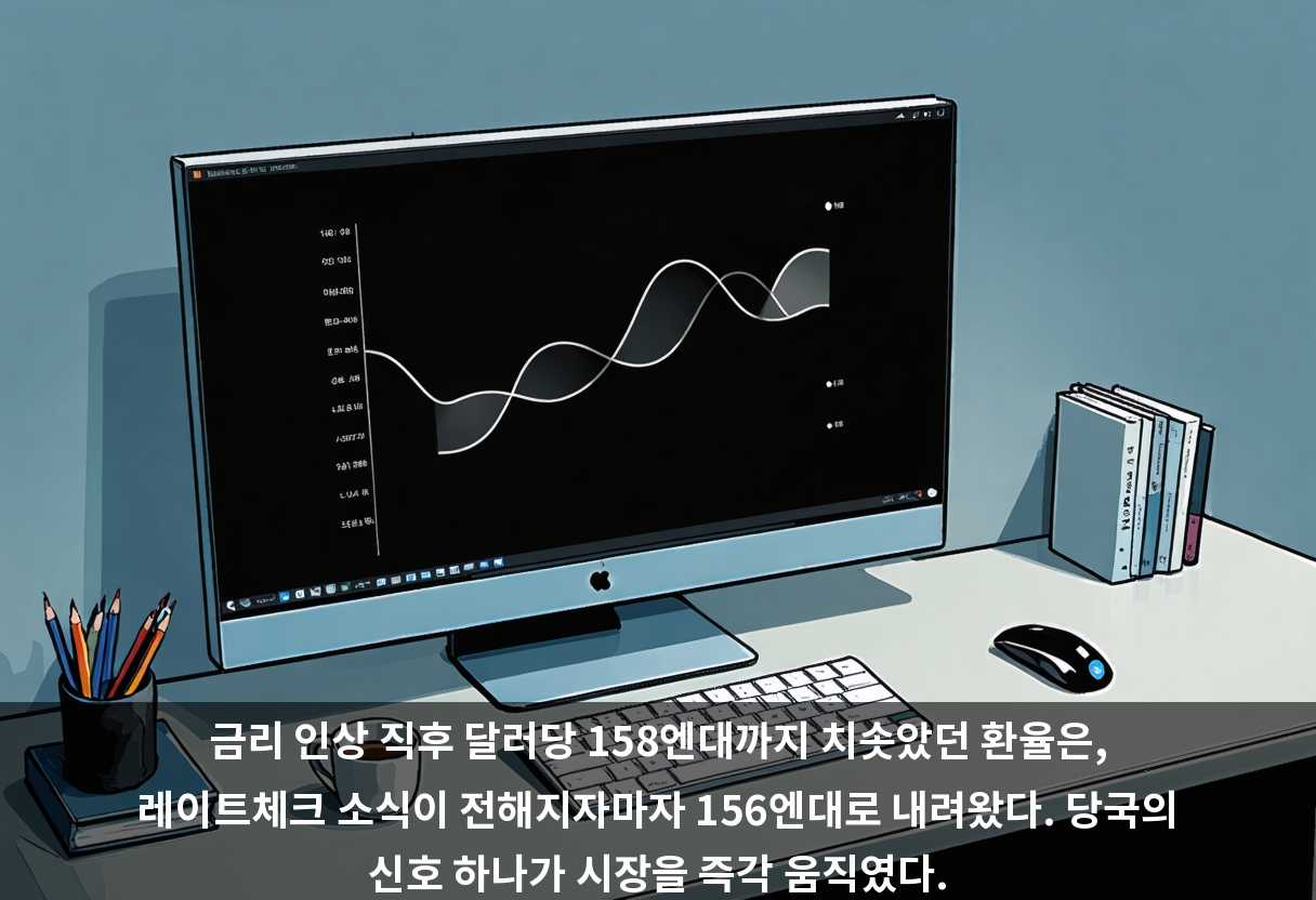 금리 인상 직후 달러당 158엔대까지 치솟았던 환율은, 레이트체크 소식이 전해지자마자 156엔대로 내려왔다. 당국의 신호 하나가 시장을 즉각 움직였다.