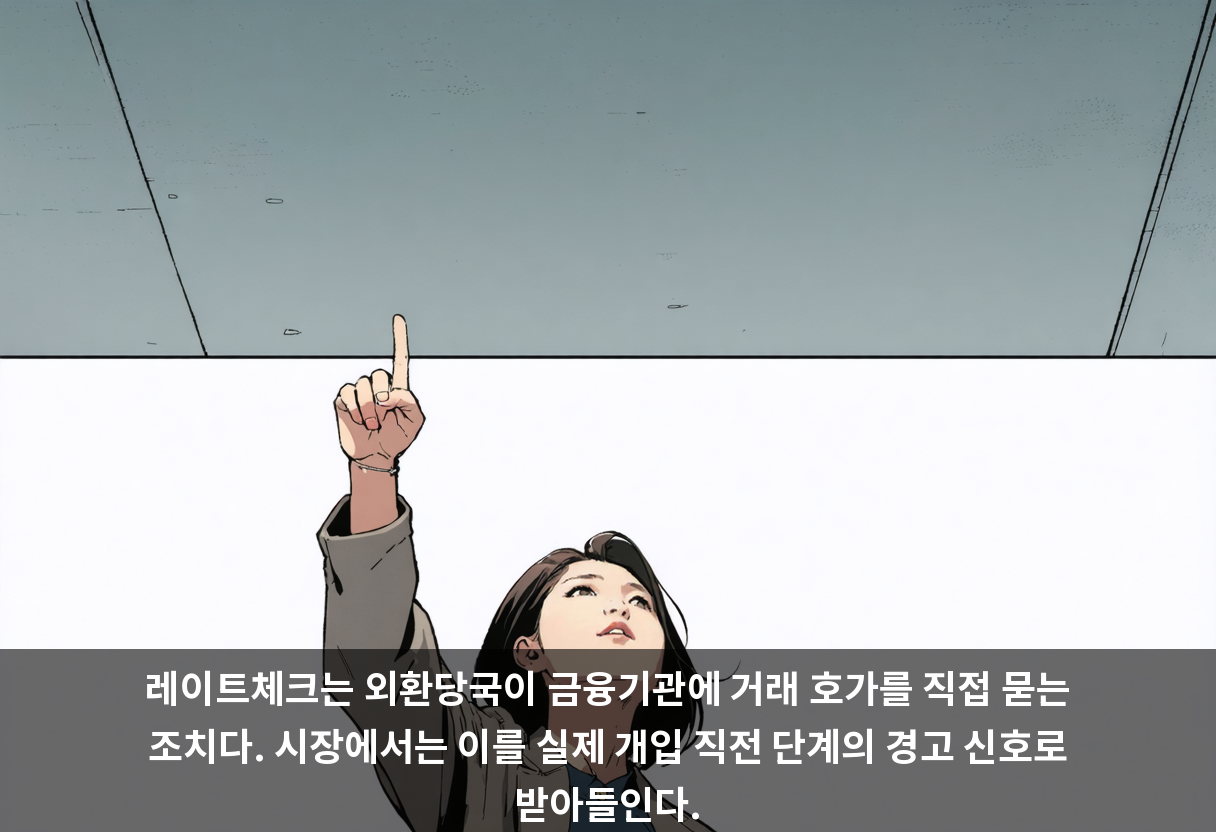 레이트체크는 외환당국이 금융기관에 거래 호가를 직접 묻는 조치다. 시장에서는 이를 실제 개입 직전 단계의 경고 신호로 받아들인다.